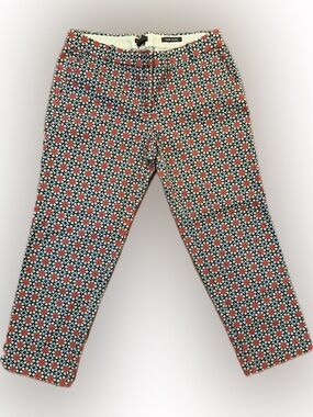 J Crew Straight Geometric Floral Red Blue Cafe Capri Pants Womens Size 8